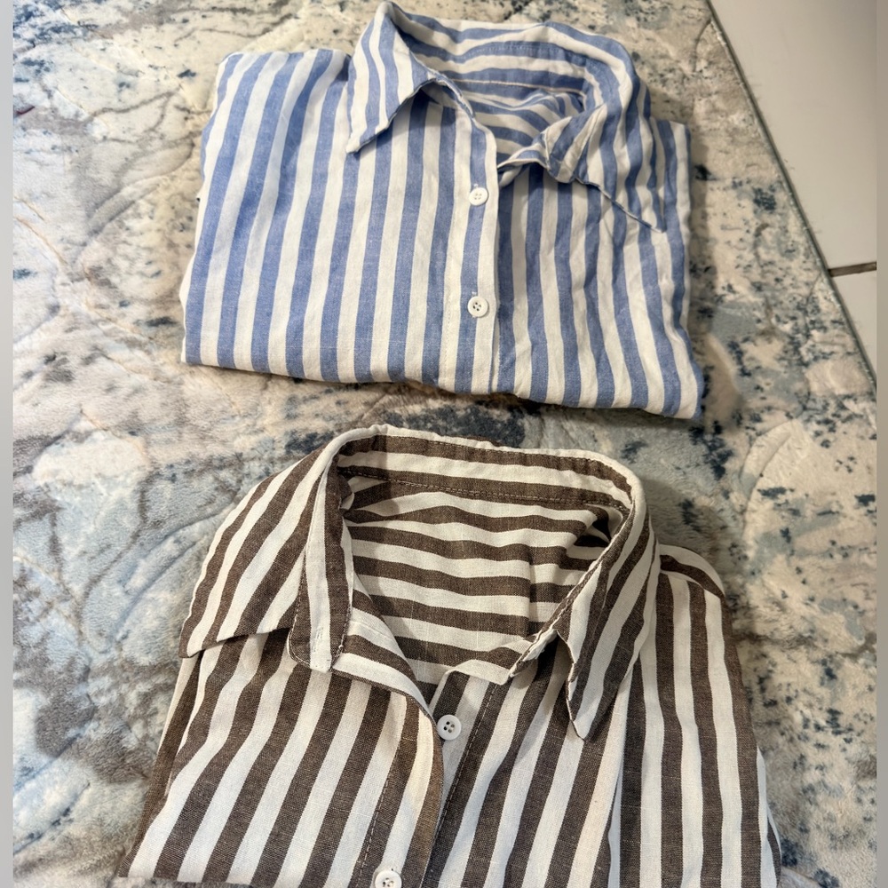 Striped Linen-Blend Shirt - Brown & White 2x15